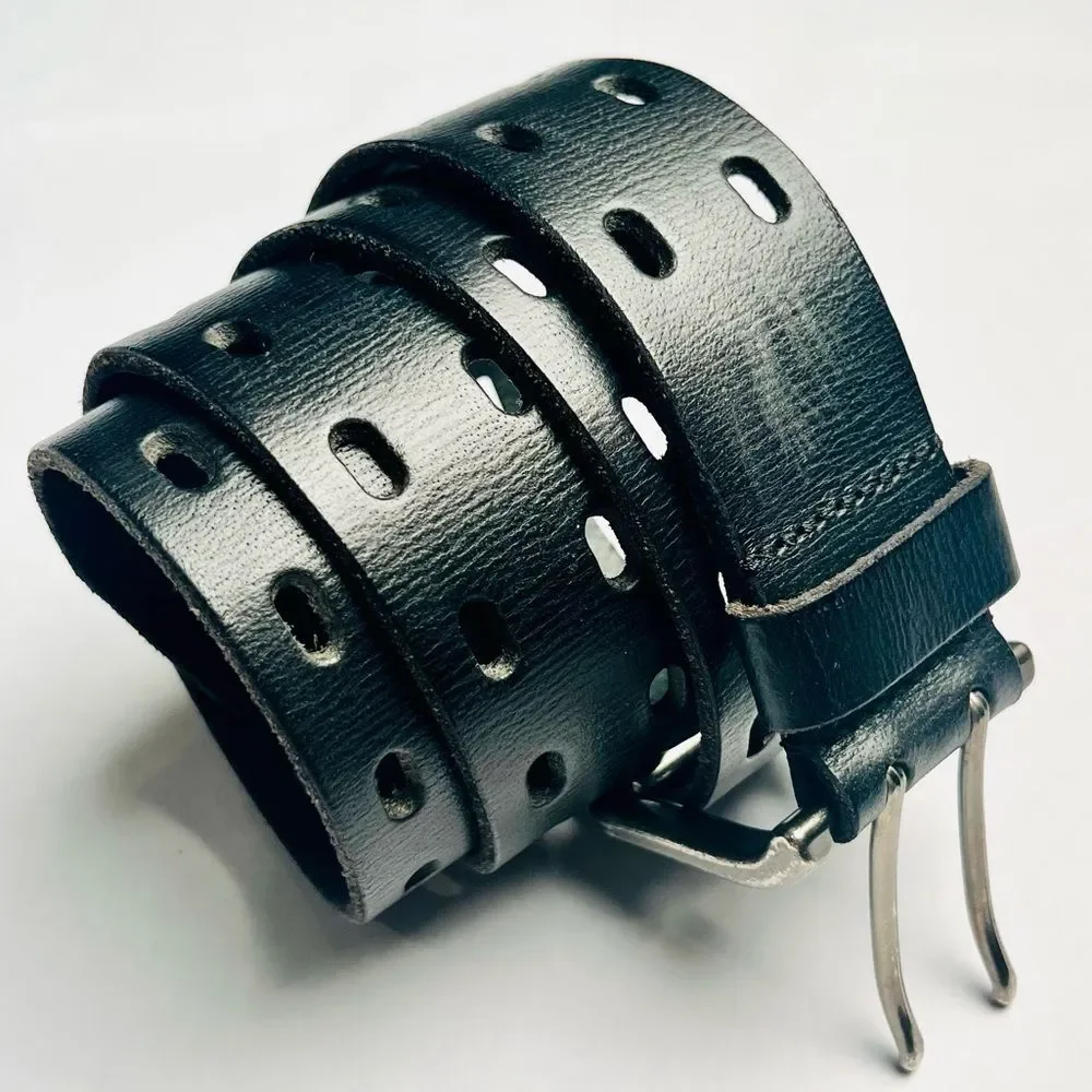 Black Leather Men’s Belt with Silver Double Buckle Size 36/90